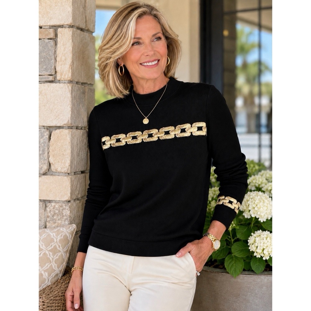 St. John Collection Size Medium Black Santana Knit Sweater Gold Chain Mock Neck